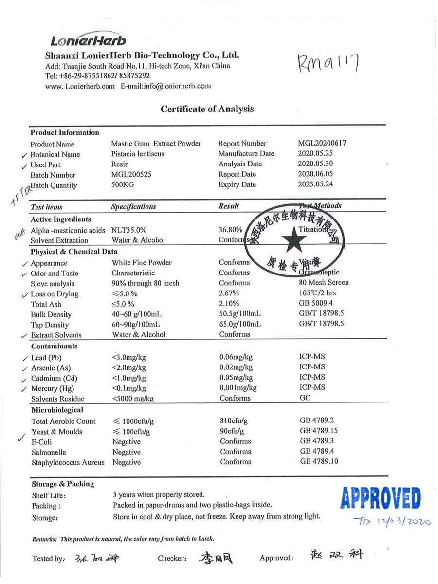 COA of Mastic Gum Extract COA of Mastic Gum Extract